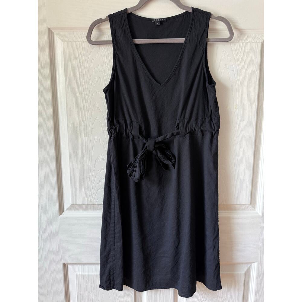Theory Black Linen Blend‎ Tie Waist Dress Size 4 LBD Capsule Minimalist Designer